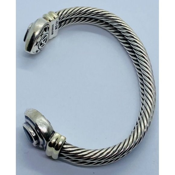 David Yurman 925 & 14KT Yellow Gold Double Cable Garnet Hearts Cuff Bracelet - Picture 2 of 8